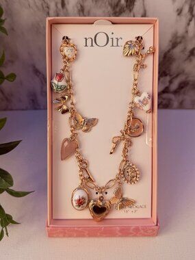 nOir Charm Necklace Gold Tone Heart Butterfly Floral Charms